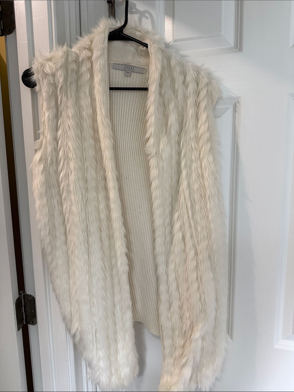 Guess Faux Fur Open Front Vest in Ivory